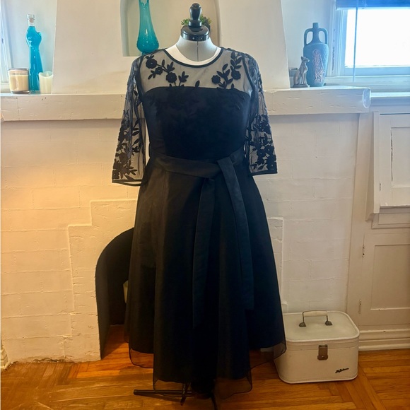 eshakti Dresses & Skirts - eShakti Black Floral Lace and Tulle 3/4 Sleeve Cocktail Dress